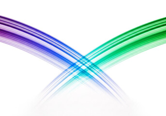 Abstract vibrant rainbow colored light streaks crossing in an x shape with a glowing white base isolated on transparent background