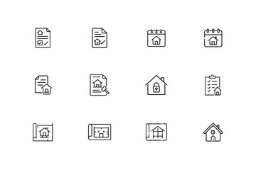 Set twelve real estate icons including documents calendars house blueprints vector