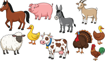 PrintColorful cartoon farm animals group vector, horse, cow, pig, sheep, turkey