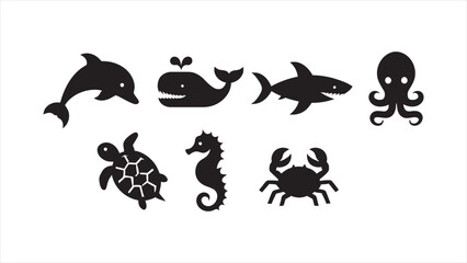 Fototapeta premium Set of Black Animal Silhouette Vector Icons on White Background – Wildlife, Pets, Birds & Marine Animals