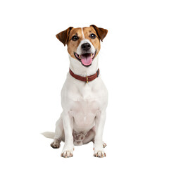 Happy jack russell terrier dog sitting and looking forward with tongue out isolated on transparent background