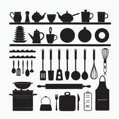 Kitchen Utensils, Various kitchen utensils and cookware in black silhouette
