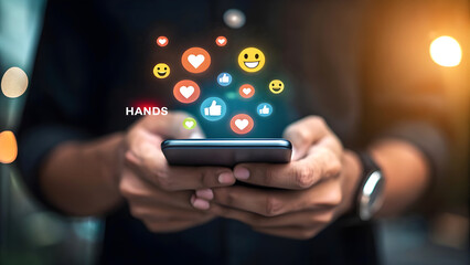 Person using a smartphone with social media icons floating above