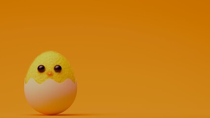 Fluffy yellow chick hatching from eggshell