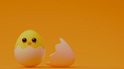 Fluffy yellow chick hatching from eggshell on orange background