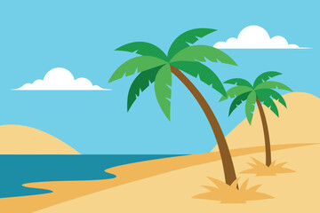 Obraz premium a colorful flat illustration depicting a serene tropical beach with two leaning palm trees on the golden sand beside the blue ocean under a clear sky vector illustration
