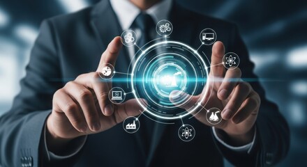 A businessman interacts with a futuristic interface displaying global network and technology solutions
