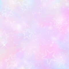 正方形背景　手描き素材　淡いメルヘンな水色とピンクのキラキラ光る星　抽象背景イラスト