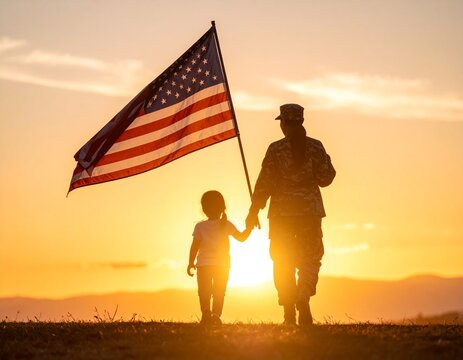 Silhouette of a soldier and child holding American flag at sunset, representing patriotism and family. - Powered by Adobe