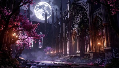 A decaying cathedral cloaked in moonlight and fog, surrounded by ghostly cherry blossom trees. Faded stained glass flickers faintly, hinting at long-lost stories buried within the ruins