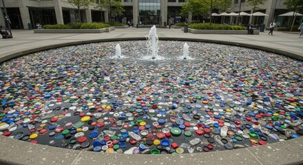 Naklejka premium Recycled Bottle Caps Fountain: A Colorful Commentary on Plastic Waste