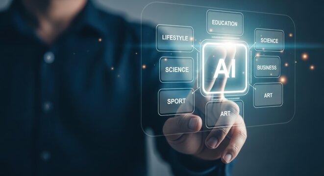 A persons finger touches an ai interface, representing artificial intelligence and future technology