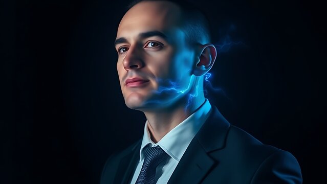 A business professional with an electric blue aura effect, exuding energy and confidence.