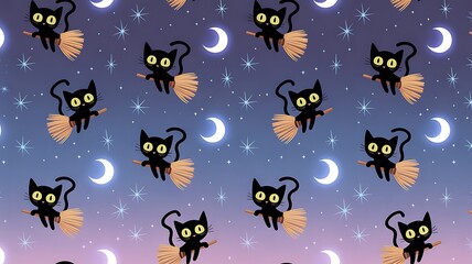 A pattern of black cats on brooms flying , halloween night
