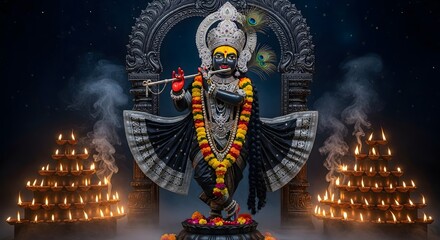 Lord krishna statue with flute and diya lamps hindu god deity devotional image art