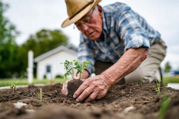 Fototapeta premium Elderly man planting his first seedlings, proud to start gardening, sunny yard