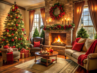 A cozy and festive christmas interior with a decorated tree, fireplace, and comfortable furniture in a warm living room