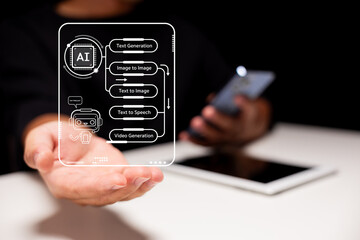 A hand holds a transparent digital interface displaying AI processes like text generation, showcasing the integration of technology in daily life.