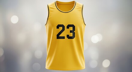 A bright yellow basketball jersey with black trim and the number twenty-three on a blurred