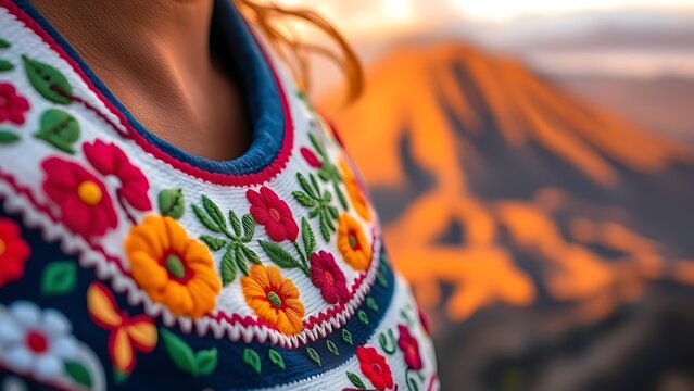 Embroidered huipil collar with floral patterns, highlighting Guatemalan textile artistry.