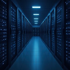  Data Center with Blinking Servers Under Blue Light