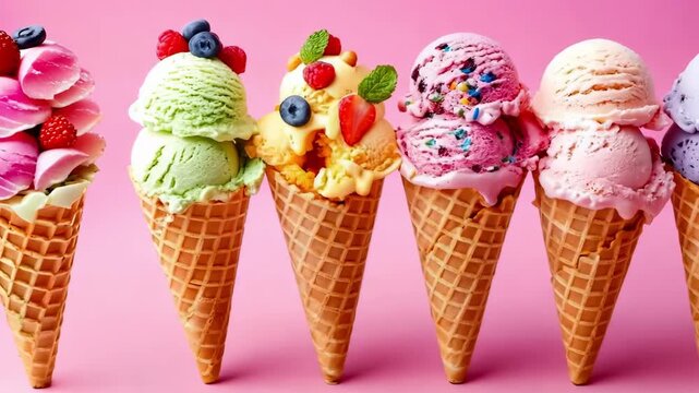 A row of ice cream cones filled with different flavors of ice creams