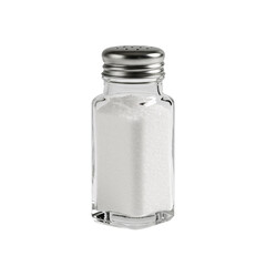 A clear glass salt shaker with a silver metal cap filled with white salt isolated on transparent background
