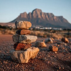 Stacked rocks against a mountain backdrop