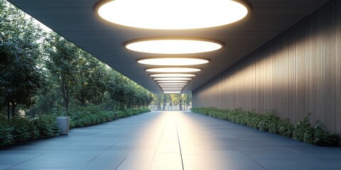  empty, modern, well-lit corridor with circular ceiling lights, surrounded by planters and sleek architecture. Websites and blogs can use it for themes of business, technology, architecture