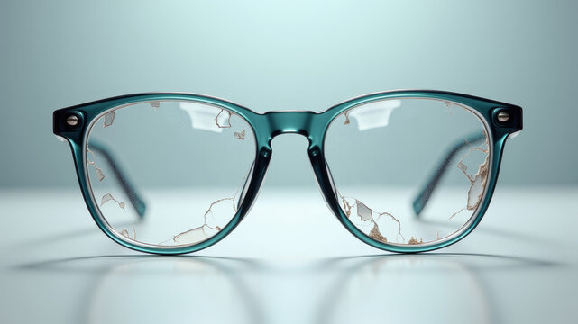 Old eyeglasses with scratched lenses and bent frames