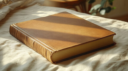 brown hardcover book with a textured spine resting on a wrinkled beige fabric, ideal for websites/blogs on reading, literature, education, cozy themes, or traditional knowledge