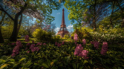 Eiffel Tower Through Lush Park Garden In Spring