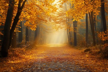 Fototapeta premium Idyllic autumn forest scene bathed in warm golden light, with a leaf-covered path and sun rays piercing through the trees. The vibrant yellow foliage and serene atmosphere evoke a sense of calm and se