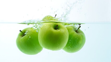 Fresh Green Apples Bobbing in Sparkling Water with Bubbles
