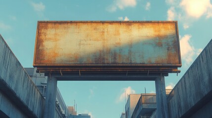 Mockup of empty rusty billboard on concrete structure against cloudy sky for websites/blogs about urban decay, advertising, empty spaces or retro/grunge themes.