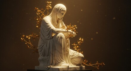 Grieving Statue with Golden Foliage, Symbolic Representation of Sorrow and Loss