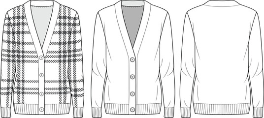 PrintPlaid cardigan front and back template, stylish knitwear mockup, cozy fashion design illustration, editable garment layout, clothing pattern for Adobe