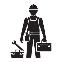 Construction Worker with Toolbox and Tools Black Silhouette
