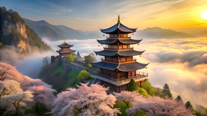 Obraz premium Ancient Chinese Village with Traditional Pagoda Roofs and Misty Mountains at Dawn