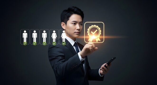 Business man selecting quality assurance icon for team members and project management success
