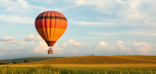 Obraz premium Serene vintage hot air balloon ascends over idyllic sketched landscape of soft clouds and grassy field, illustration, nature
