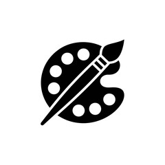 Black and white illustration of a paint palette with a brush representing art and creativity