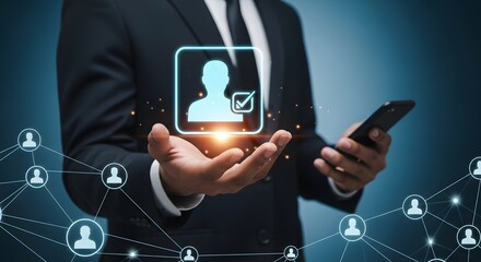 Businessman using hr software for recruitment and employee management on mobile phone app