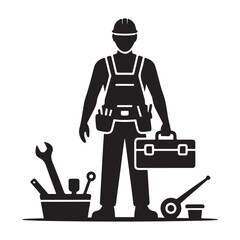Construction Worker with Toolbox and Tools Black Silhouette