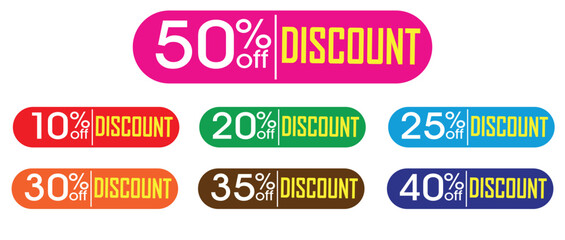 Discount buy now label pop-up banner  with different sale percentage. 10, 20, 25, 30, 35, 40, 50 percent off price reduction badge promotion, long discount sale tags with percentages