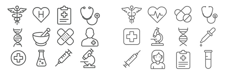 Health and medicine themed line icons featuring various medical symbols and tools for healthcare and research