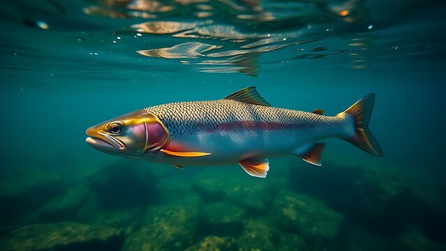 Underwater view of trout swimming in clear stream, showcasing tranquil aquatic scenery.