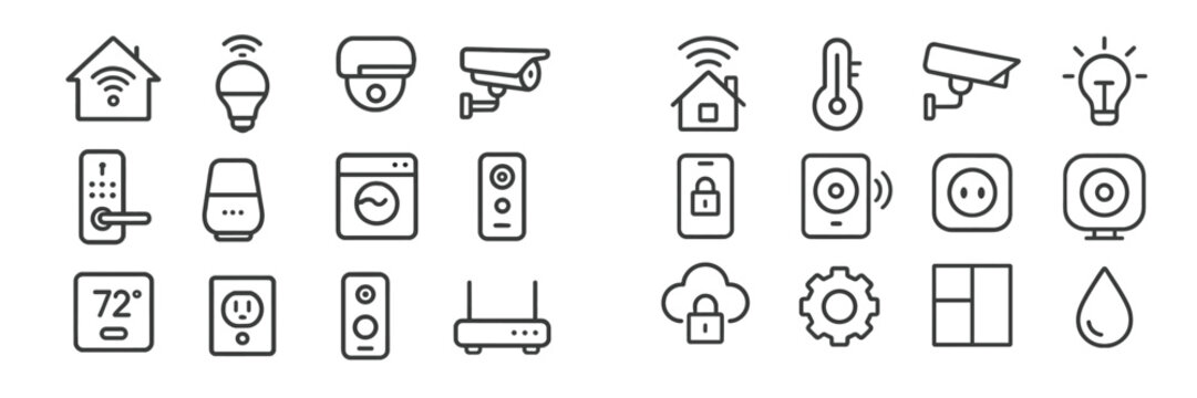 Smart home icons representing connectivity, security, and automation at various locations and times