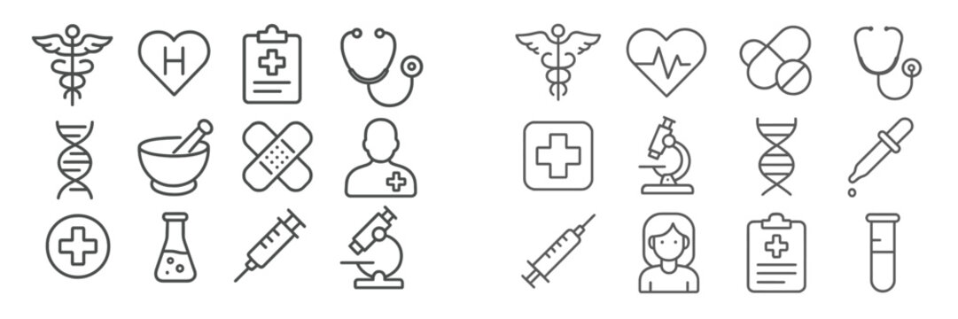 Health and medicine themed line icons featuring various medical symbols and tools for healthcare and research - Powered by Adobe