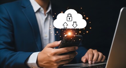 Cloud computing security concept businessman using smartphone and laptop for data transfer
